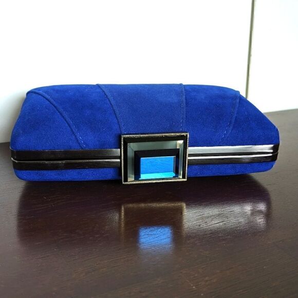 JNB Blue Faux Micro Suede Dress Handbag with Optional Chain Strap - Picture 5 of 11